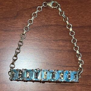 925 Gold-Washed Sky Blue Topaz Emerald Cut 7.5” Adjustable Bracelet 13.3g Beauty